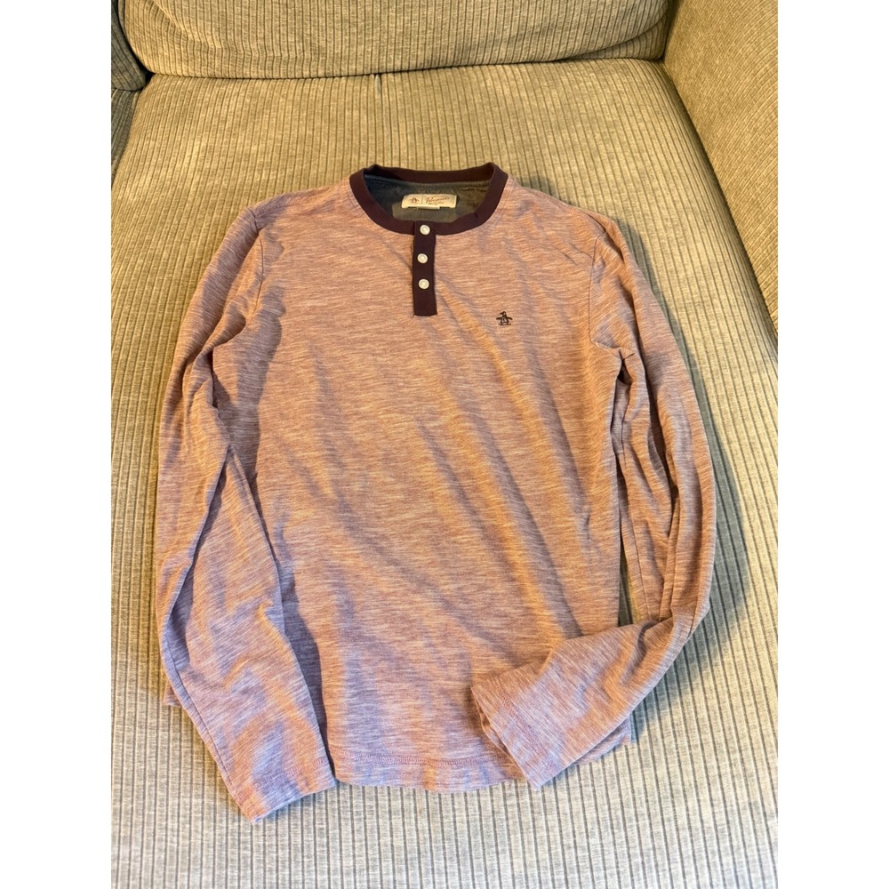 Original Penguin Mens Long Sleeve Henley Shirt Purple Heather Space Dye Small